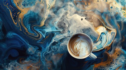  steaming cup of coffee art! Frothy milk mimics ocean waves, swirling over a deep coffee 