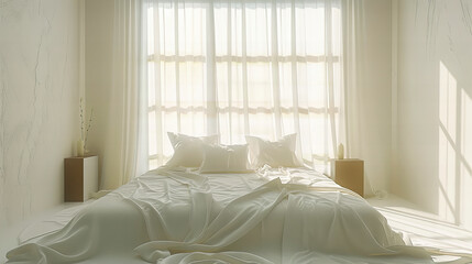 Fototapeta na wymiar Morning Light in a Comfortable Bedroom with Unmade Bed, Soft Pillows, and a Cozy Window View, Emphasizing Rest and Relaxation
