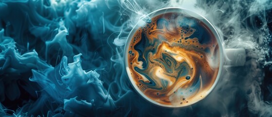  steaming cup of coffee art! Frothy milk mimics ocean waves, swirling over a deep coffee "sea." Brushstrokes add texture, transforming the photo into a unique ocean view in a cup.