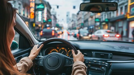 Obraz premium woman driving on the street seen from the vehicle