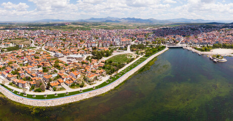 Aerial photo of Turkish town Beysehir with view of Lake Beysehir..