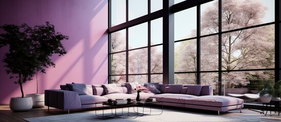 Minimalist house interior in violet and black with large windows.