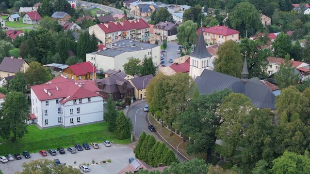 Beautiful Landscape Church Downtown Bircza Aerial View Poland