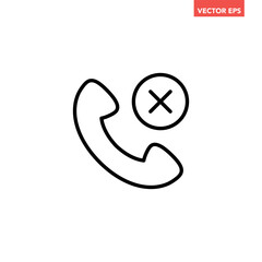 Black single disconnected call line icon, simple cancel or missed phone illustration flat design pictogram vector for app logo ads web button ui interface elements isolated on white background