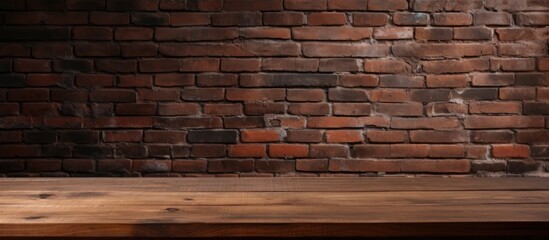 Wooden table with dark brick wall background for showcasing products.