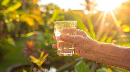 Senior person holding glass of water with blurred background, copy space available