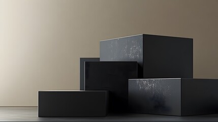 black boxes on a black surface, in the style of minimalistic abstract compositions
