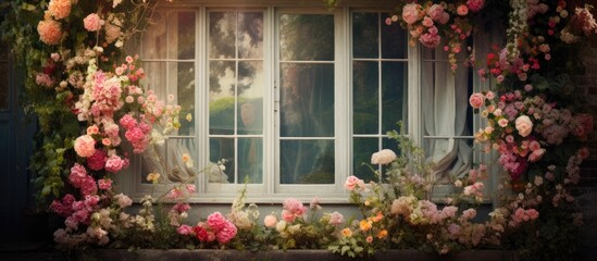 House window adorned with flowers.