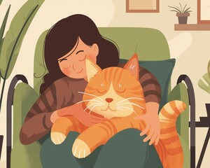 Cozy indoor scene of a specially-abled cat enjoying a hug from its loving owner - obrazy, fototapety, plakaty