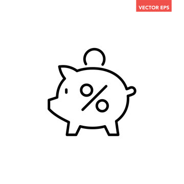 Black single piggy bank thin line icon, simple financial money saving flat design vector pictogram, infographic interface elements for app logo web button ui ux isolated on white background