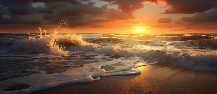 As the sun sets over the ocean, the sky is painted with hues of pink and orange, casting a warm glow on the water and beach as waves crash against the shore