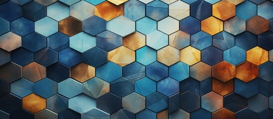 Abstract mosaic tiles display geometric shapes in fashionable colors, showcasing contemporary digital artistry with hexagonal and pentagonal patterns for a modern background aesthetic.