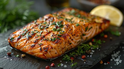 Beautiful grilled salmon steak with herb sauce on the counter.