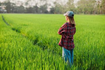 Back view of a contemplative female farmer looking over a vast, green paddy field at the end of the...
