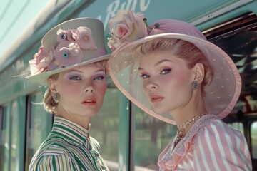 Retro chic: women in hats embracing 1960s fashion, showcasing iconic style and vintage elegance, a nostalgic journey into the glamorous era of classic headwear and timeless trends