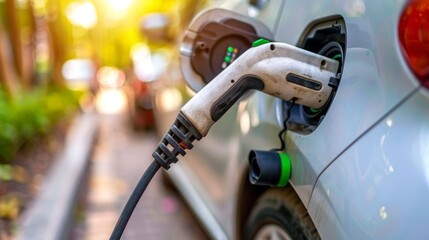 Electric car charger plugged into port at station, recharging battery with clean energy source.