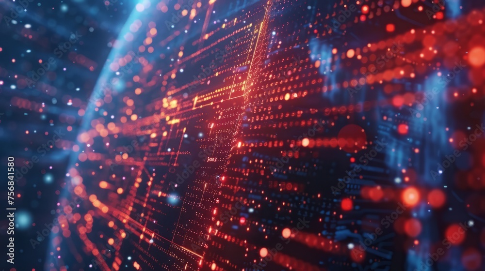 Poster red-orange cyber security and information or network protection. future cyber technology web service