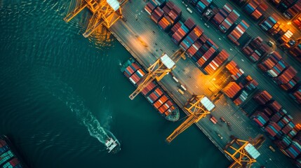 An aerial view shows the complex structure of a seaport with neatly stacked colorful containers, massive cranes and a loading cargo ship. Business logistics concept