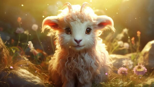 Adorable fluffy sheep frolicking joyfully in the lush green meadow Seamless looping 4k time-lapse virtual video animation background. Generated AI