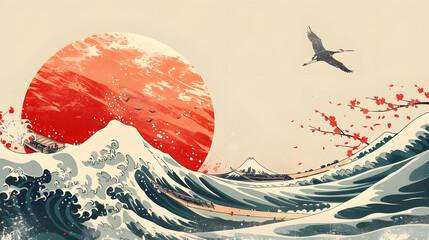 A wave in Japanese art style that incorporates elements of traditional Japanese culture.
