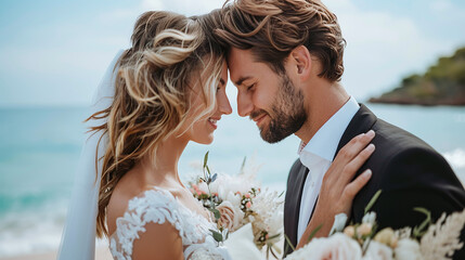 closeup side view of bride and groom on the beach, wedding celebration, aesthetic