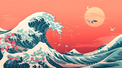 A wave in Japanese art style that incorporates elements of traditional Japanese culture.