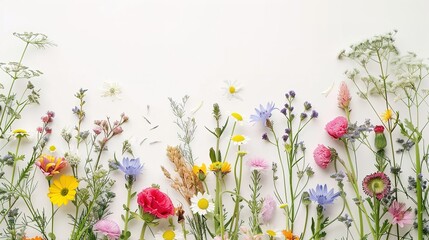 Obraz na płótnie Canvas Beautiful wildflowers on white paper background,generative ai