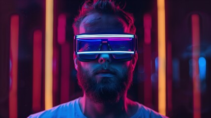 Model young man with beard in glasses of virtual reality on dark background. Augmented reality, future technology concept. VR. Neon light.