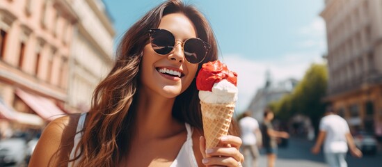 A woman wearing sunglasses is enjoying an ice cream cone on a bustling city street. Her smile and relaxed gesture suggest she is savoring the sweet treat under the clear blue sky - obrazy, fototapety, plakaty