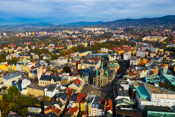 Obraz premium Aerial view of Liberec cityscape with buildings and streets, Czech Republic