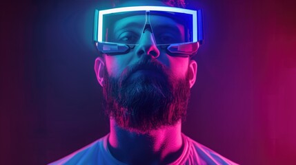 Model young man with beard in glasses of virtual reality on dark background. Augmented reality, future technology concept. VR. Neon light.