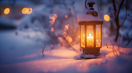 lantern in the snow - obrazy, fototapety, plakaty