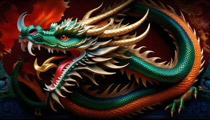 Fototapeta premium A digital image of a dragon with golden scales and vibrant wings against a dark, patterned background