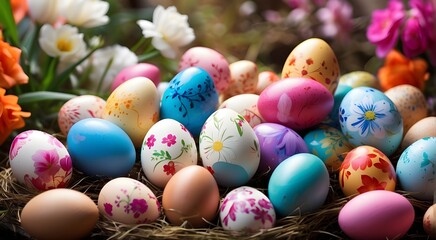 Fototapeta na wymiar Easter background including vibrant eggs, colorful eggs on a wooden table set against a light blue background, vibrant eggs and a flower field on a hill with verdant meadows and vibrant flowers 