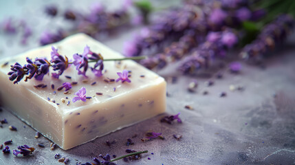 Natural lavender handmade soap bars on light background - natural skincare and hygiene concept. Space for text, Generative AI