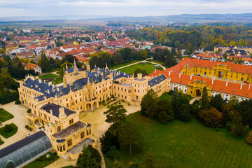 Fototapeta na wymiar Aerial view on the medieval castle Lednice. South Moravian region. Czech Republic