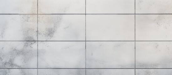 A closeup of a white rectangular tile wall with a grid pattern in shades of grey. The parallel lines create a uniform and stylish flooring material property