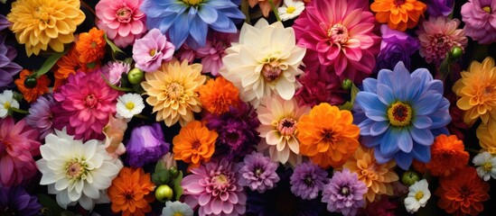 A vibrant bouquet of colorful flowers set against a dramatic black background, showcasing the...