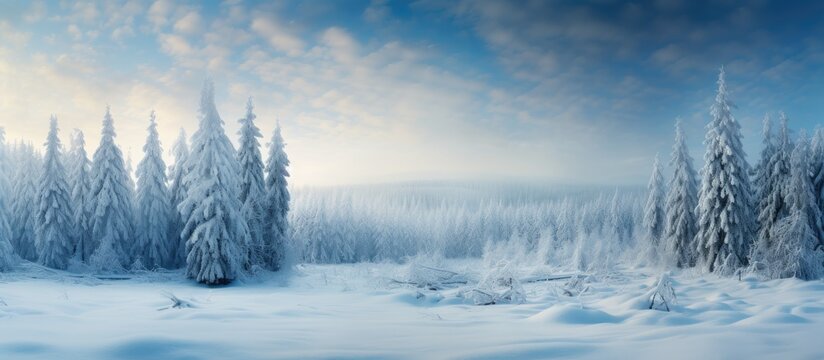 In a winter wonderland, a snowy forest with trees shrouded in ice and snow creates a magical atmosphere. The sky is filled with white clouds, enhancing the natural landscape