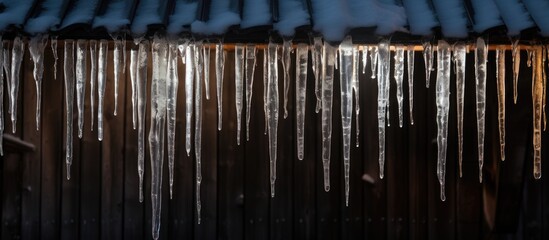 Metal icicles dangle from the facade of a building, creating a striking contrast against the wood roof and glass windows
