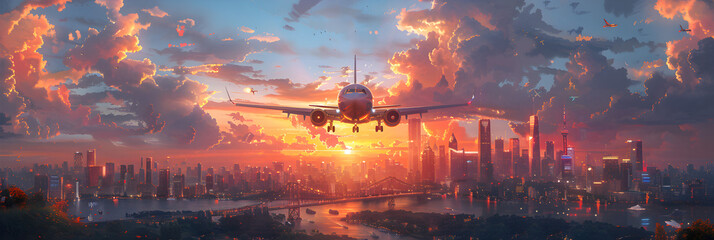 Illustration of Futuristic Aircraft Flying Above,
Airplanes flying over a city with a sunset in the background - obrazy, fototapety, plakaty