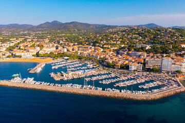 Aerial panoramic view of French commune of Sainte-Maxime on shore of Gulf of Saint-Tropez...