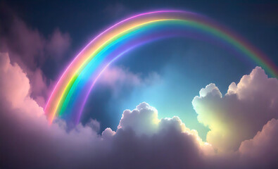 Spectacular landscape above the clouds with a neon rainbow