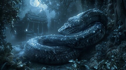 A majestic snake coiled in a perfect spiral asleep under the soft glow of moonlight - obrazy, fototapety, plakaty