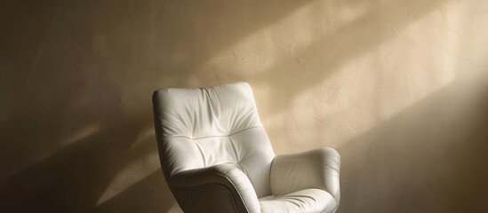 A white chair is positioned on the hardwood flooring in a dimly lit room, in front of a dark brown wall creating a stark contrast with the white chair