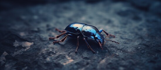 A closeup of an electric blue beetle, an arthropod, crawling on the ground. The macro photography captures its shiny exoskeleton and the tiny droplets of fluid on its body - Powered by Adobe