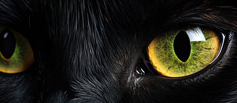 A close up of a black cats mesmerizing green eyes the whiskers forming a circle around the stunning cats eyes. A beautiful example of macro photography art
