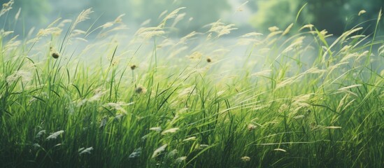 Tall grass swaying in the wind under the sun, a serene scene of terrestrial plants in a natural grassland landscape, with flowers blooming