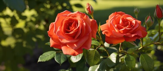Two beautiful red Hybrid tea roses are blooming on a bush in a garden, adding a pop of color to the flower bed in the Rose family