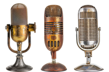 A full-body, front, and close-up view of three antique microphones, isolated for easy change background... 